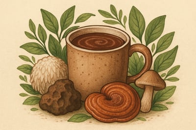 Ilustración de una taza de cacao y hongos medicinales rodeados de hojas verdes Ilustración de una taza de cacao y hongos medicinales rodeados de hojas verdes